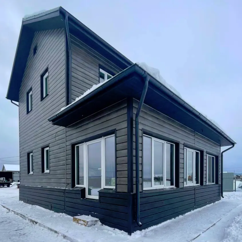 Фасад 4 металлосайдинг Евро-Брус Винтаж, цоколь Черное Дерево 3D