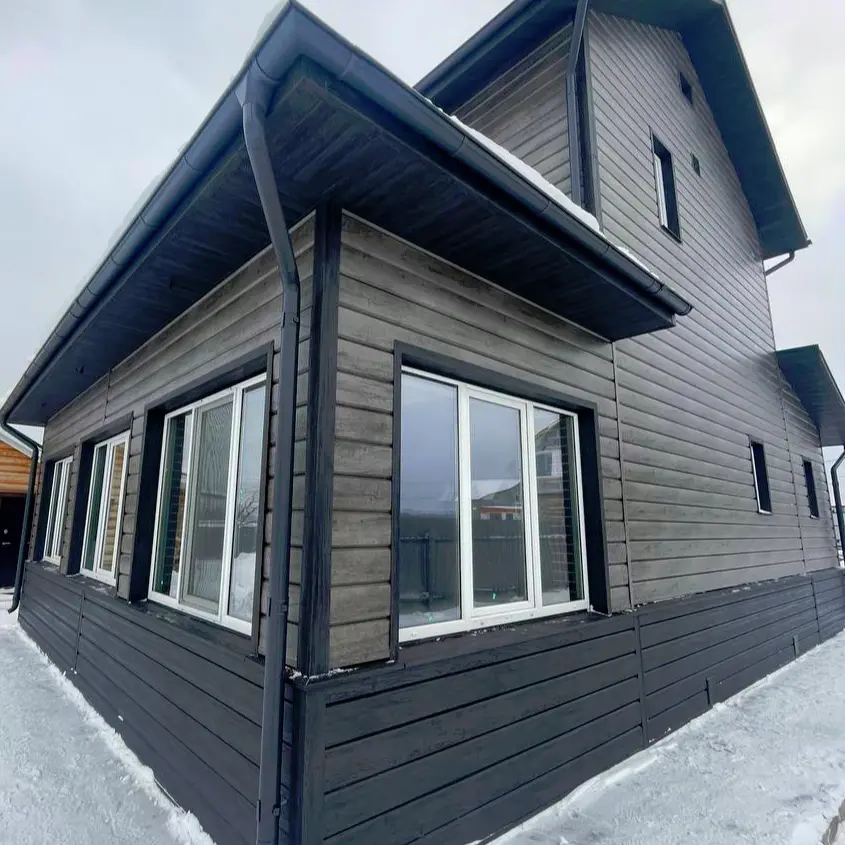 Фасад 5 металлосайдинг Евро-Брус Винтаж, цоколь Черное Дерево 3D