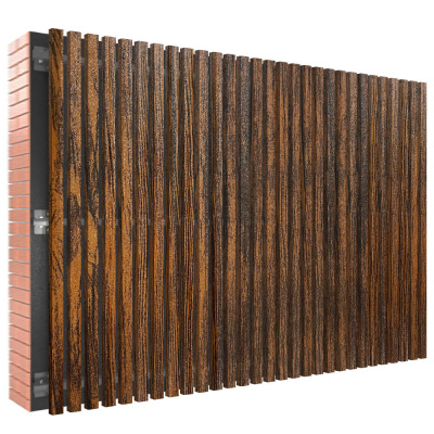 Декоративная рейка металлическая под дерево Темный Дуб 3D Принтек на фасаде в сборе