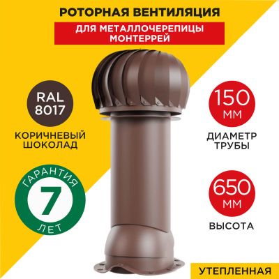 Роторная вентиляция VIOTTO d150мм h650мм для металлочерепицы Монтеррей RAL8017 шоколад утепленная